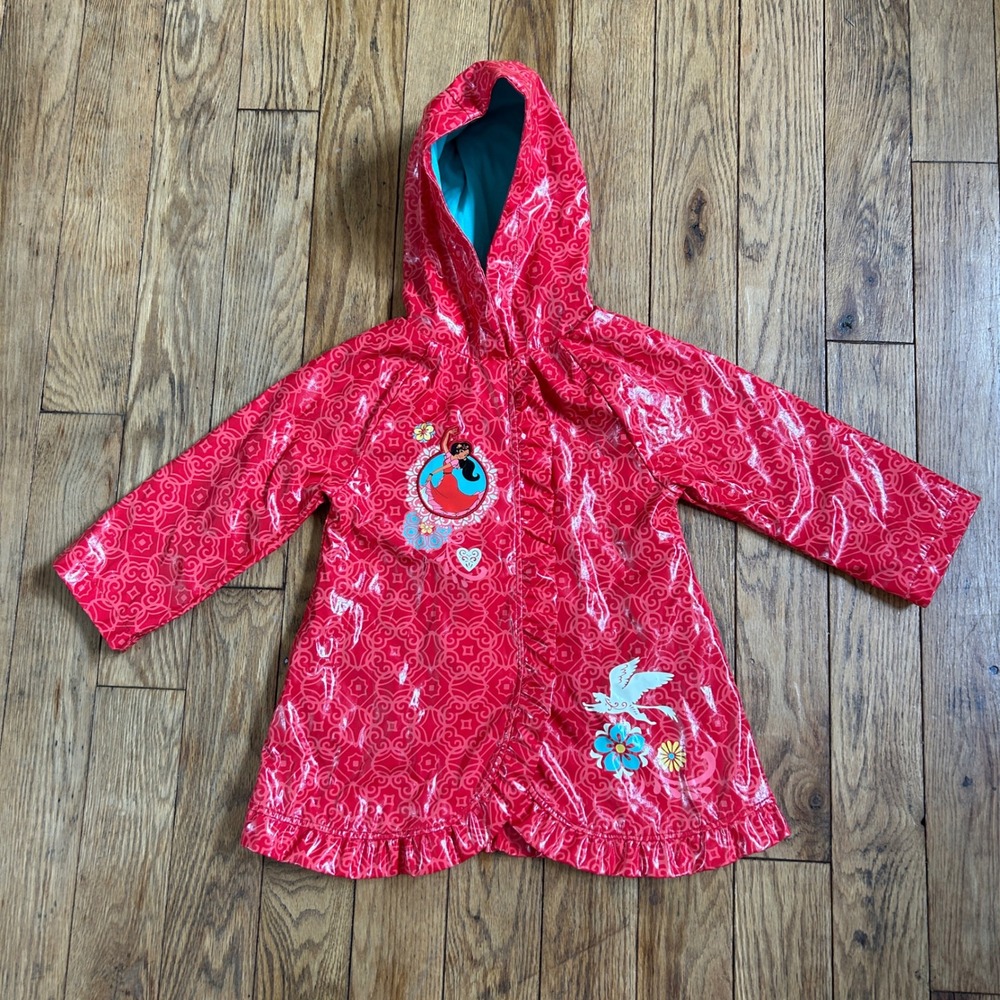 Disney Elena of Avalor Red Hooded Raincoat Girls Size 3 Ruffle Trim Teal Lining